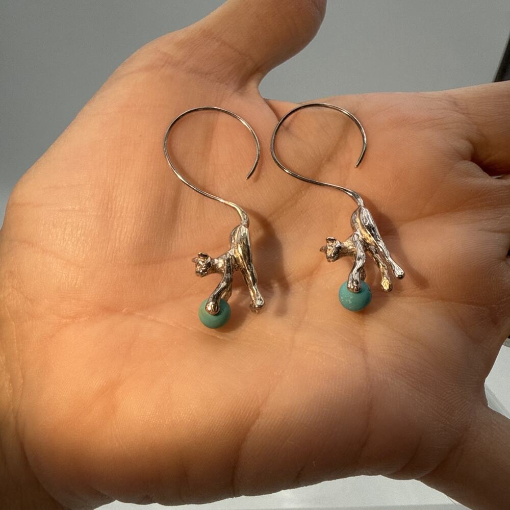 Whimsical Sterling Silver Cat Earrings With Blue Turquoise Ball Playing - Rare